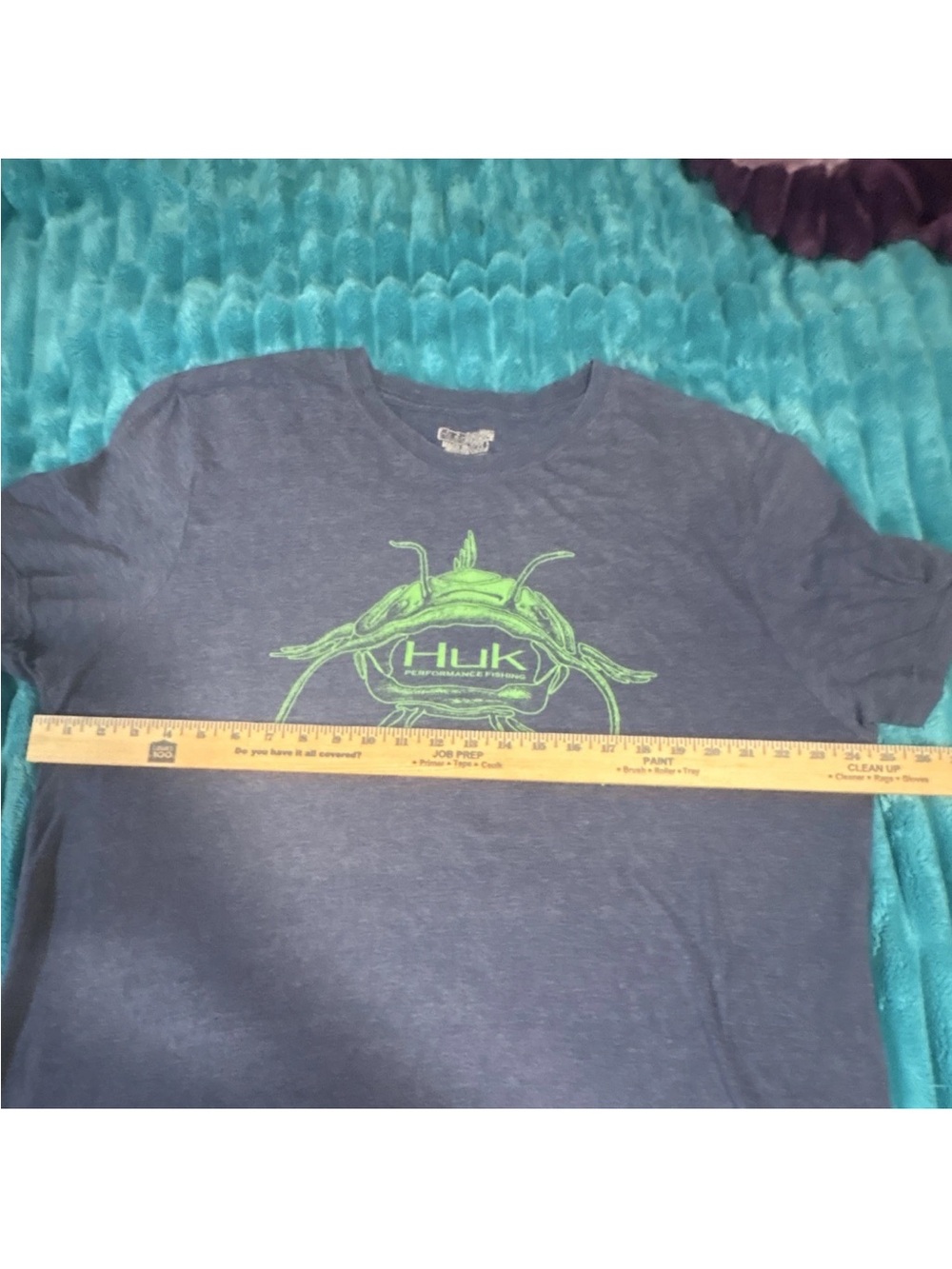 Huk Heather Navy Tee with Neon Green Fishing Graphic
